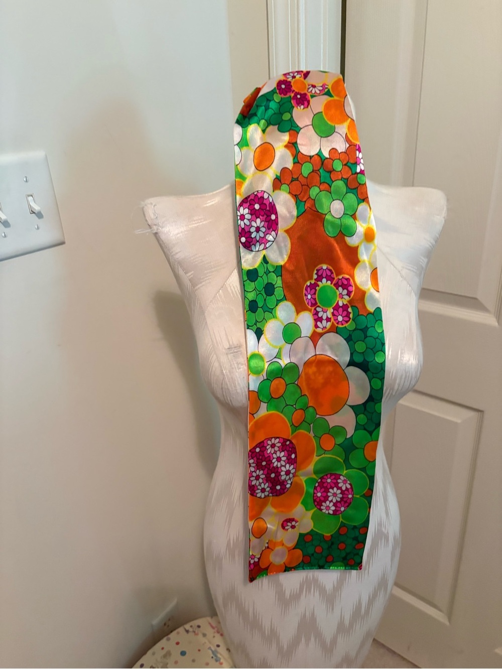 Vintage 70s Vibrant Floral Multicolor Satin Scarf - Green, Orange & Pink
